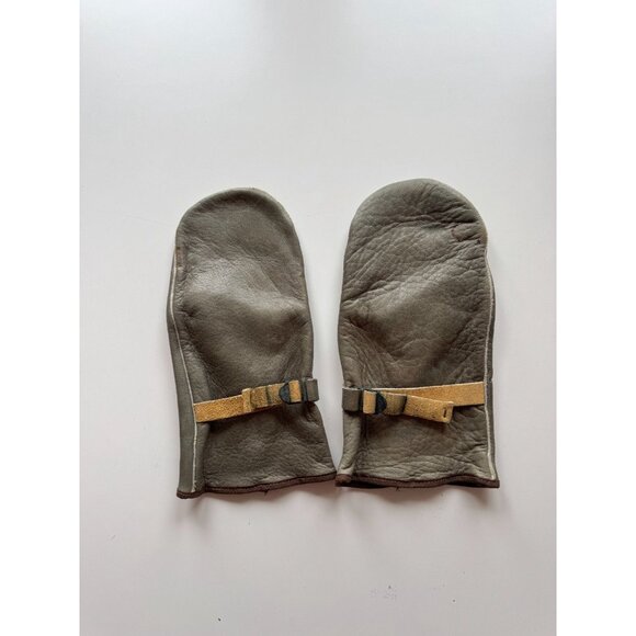 Vintage Unbranded Grey Olive Green Leather Mittens Gloves - Picture 2 of 16
